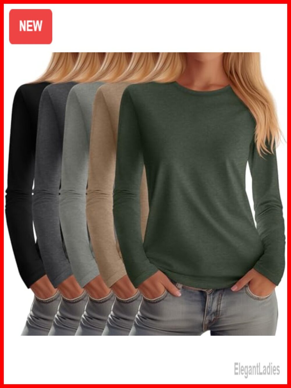 Women's Crew Neck Long Sleeve T-Shirts 5 Pack Cotton Blend Basic Tees
